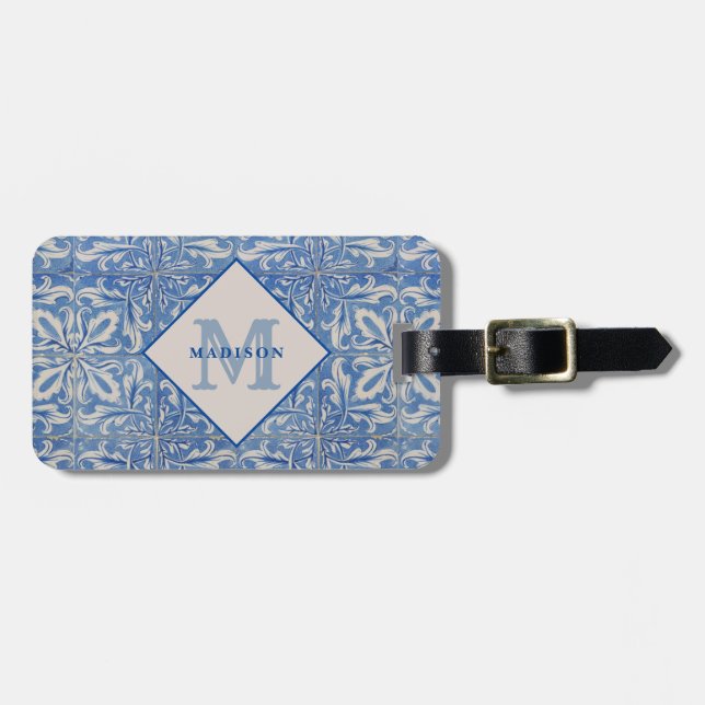 Vintagen Blue White Monogram Bagagebricka (Horisontell Framsida)