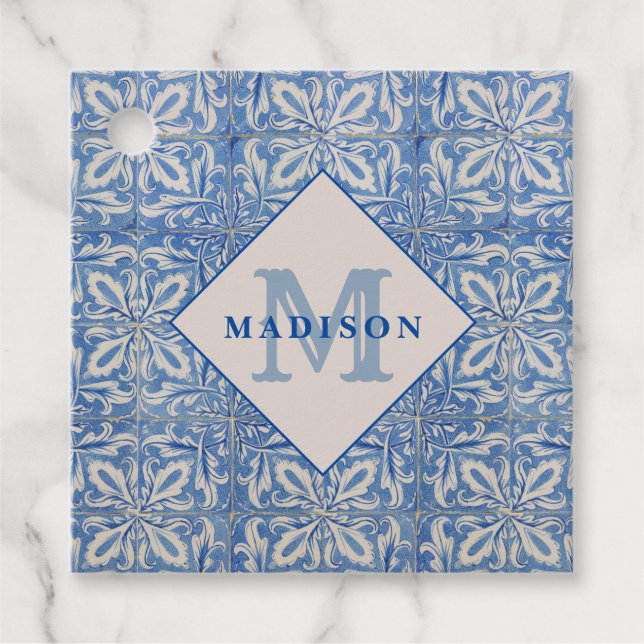 Vintagen Blue White Monogram Gåvor Etiketter (Framsida)