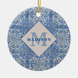 Vintagen Blue White Monogram Julgransprydnad Keramik