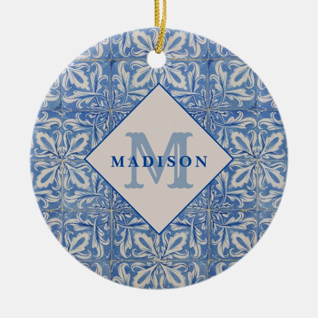 Vintagen Blue White Monogram Julgransprydnad Keramik (Framsidan)