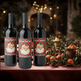 Vintagen Buon Natale (namn i familjen) Santa plaid Vinflaska Etikett