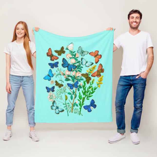 Vintagen Butterflies och Wildblommor botaniska Fleecefilt (På plats)