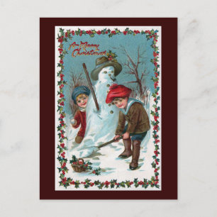 vintagen "Byggnad Snögubbe" Vykort