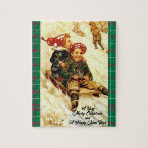 Vintagen Children Roligt Sleding View God jul Pussel