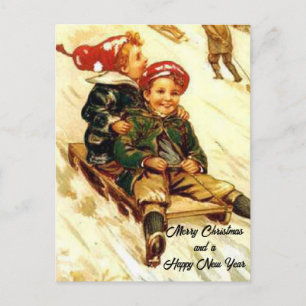 Vintagen Children Roligt Sleding View God jul Vykort