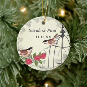 Vintagen Coral Flower Bird Save Date Bird Cage Julgransprydnad Keramik