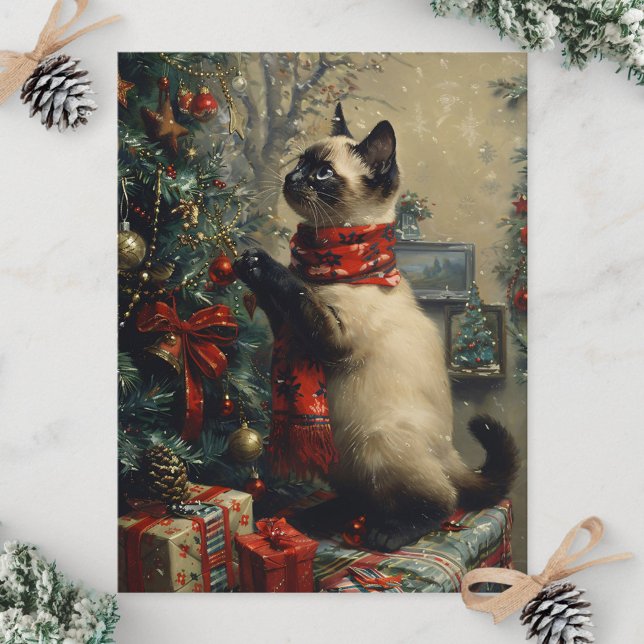 Vintagen Cute Siamese Cat jul Vykort (Skapare uppladdad)