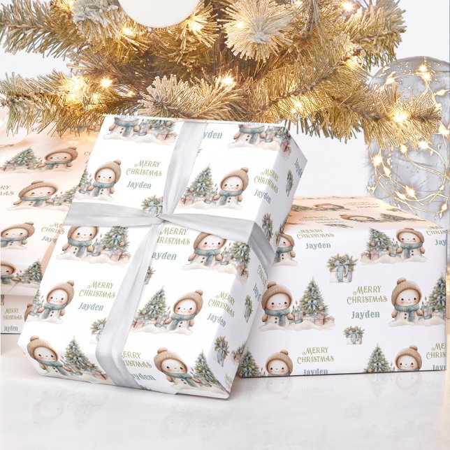 Vintagen Cute Snögubbe,  Blue Namn Presentpapper (Cute Snowman Christmas Vintage Blue Name Text Wrapping Paper)