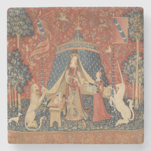 Vintagen dam och Unicorn Mitten Ages Stenunderlägg