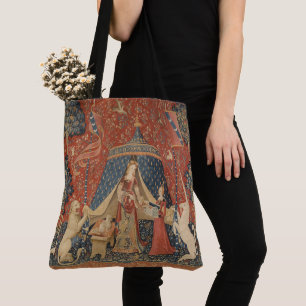 Vintagen dam och Unicorn Mitten Ages Tygkasse