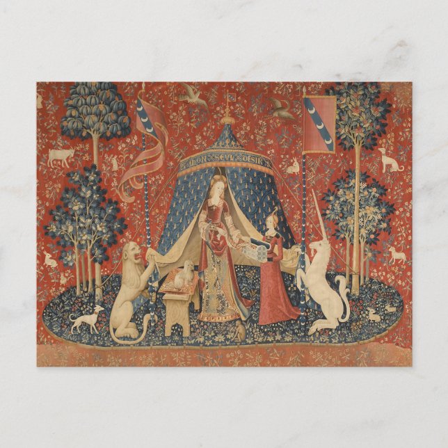 Vintagen dam och Unicorn Mitten Ages Vykort (Framsida)
