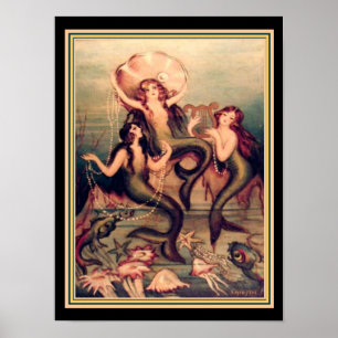 vintagen Deco Chiostri Print för tre Sjöjungfruar Poster