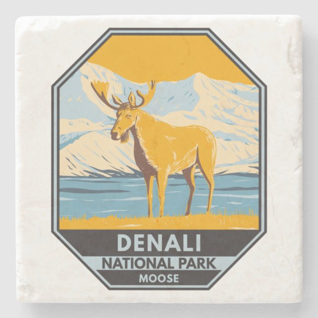 Vintagen Denali National Park Alaska Moose Stenunderlägg (Framsidan)