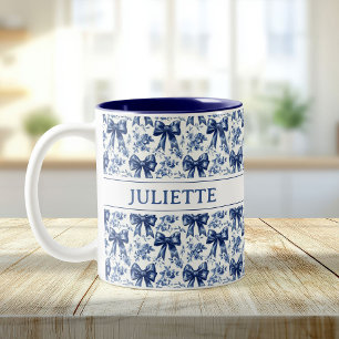 Vintagen Eget namn, Elegant, Blommigt, blå rader Två-Tonad Mugg