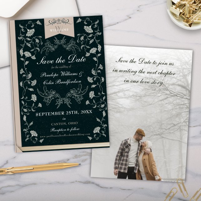 Vintagen elegant svart och ton Spara datum Inbjudningar (Elegant Library Save the Date Invitations with Black and Tan and white calligraphy script floral)
