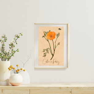 Vintagen Flower Poppy Orange Botanical Wildblomma Poster