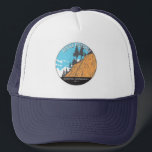 Vintagen för det nationella minnesmärket djävulen  keps<br><div class="desc">Djävulen-vektorgrafik med upphängningspel Finns nära Mammoth Mountain i Östra California. Minnet skyddar Djävulen Postpile,  en ovanlig bildning av kolumnar i sten.</div>