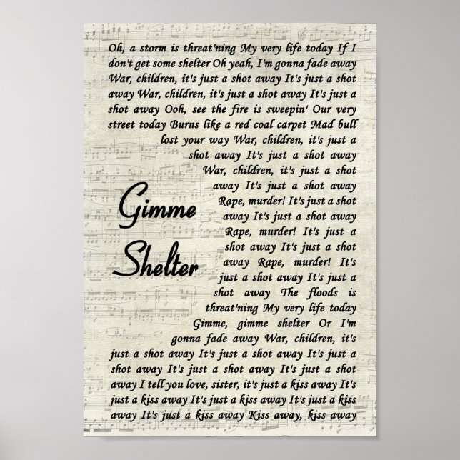 Vintagen Gimme Shelter Sång Lyric Print Poster (Framsidan)