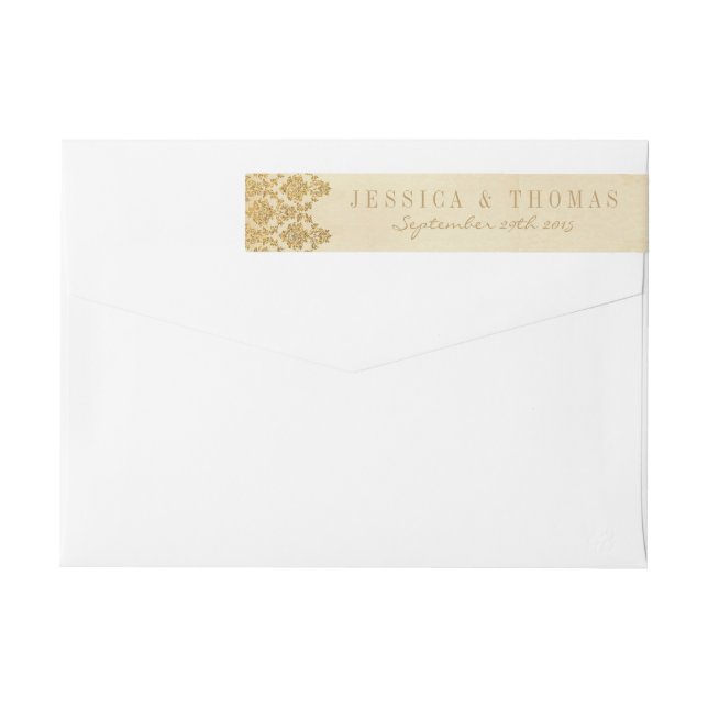 Vintagen Glam Guld Damask Wedding Collection Etikettband (Baksidan)
