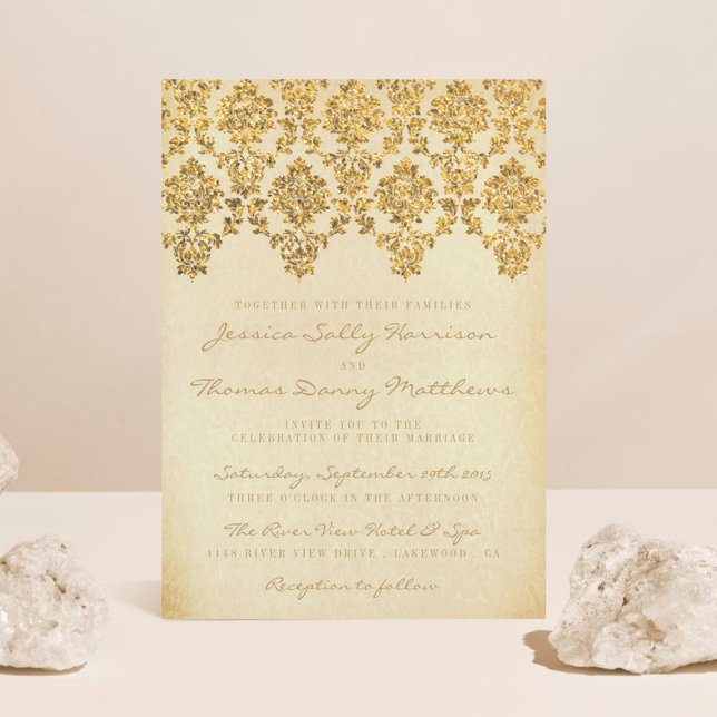Vintagen Glam Guld Damask Wedding Collection Inbjudningar (Skapare uppladdad)
