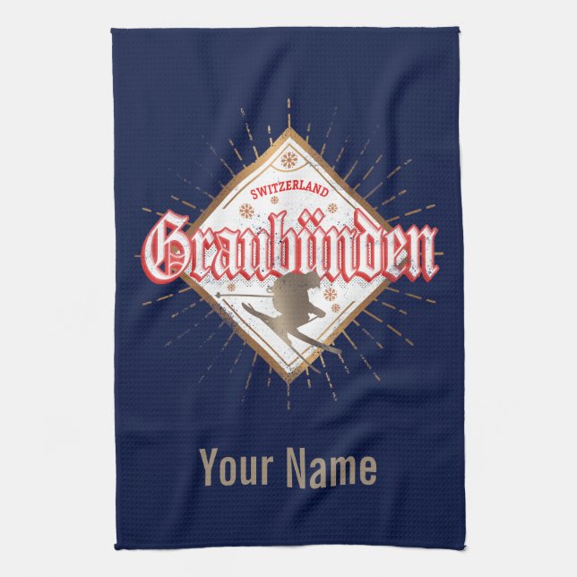 Vintagen Graubünden Schweiz retro skier Kökshandduk (Vertikal)