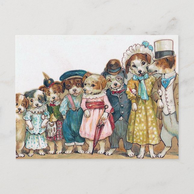 vintagen "Hund Family" Vykort (Framsida)