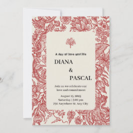 Vintagen Illustration Weddin, Beige och Red Borate Inbjudningar