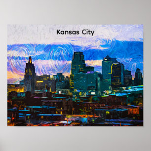 Vintagen Kansas City Oil Paint Panorama View Poster