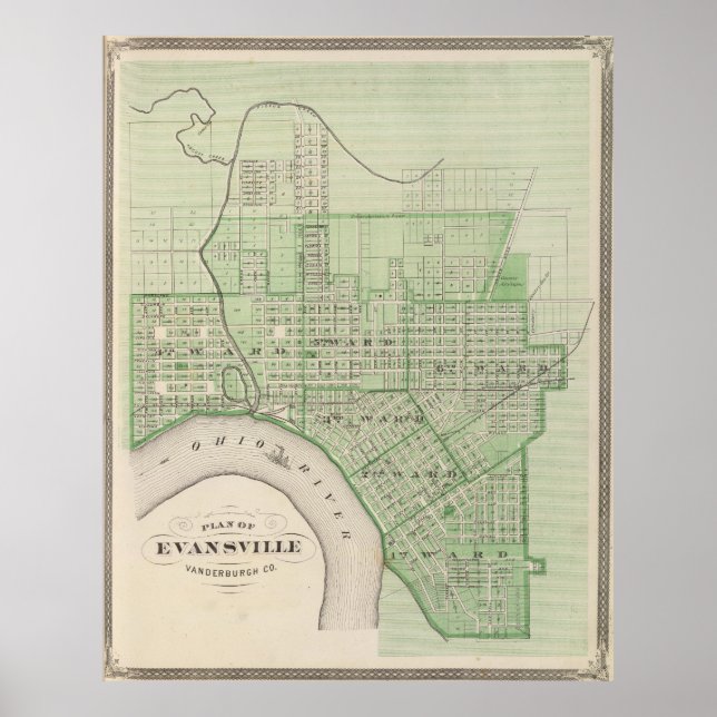 Vintagen Karta i Evansville Indiana (1876) Poster (Framsidan)