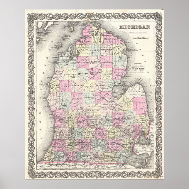 Vintagen Karta i Michigan (1855) Poster (Framsidan)