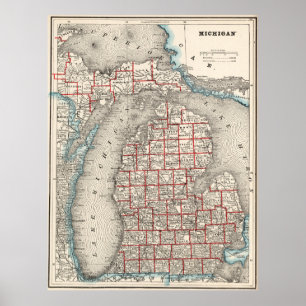 Vintagen Karta i Michigan (1893) Poster