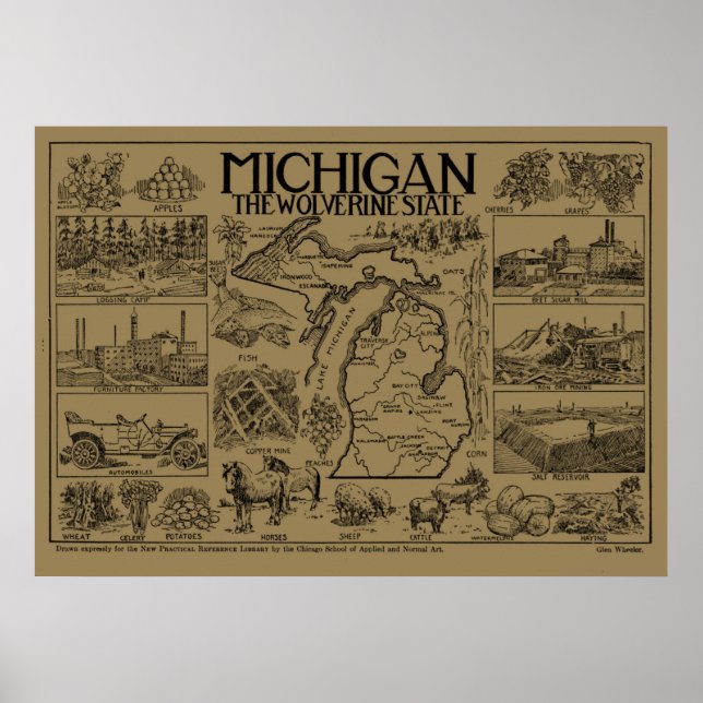 Vintagen Karta i Michigan (1912) - Tan Poster (Framsidan)