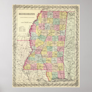 Vintagen Karta i Mississippi (1856) Poster