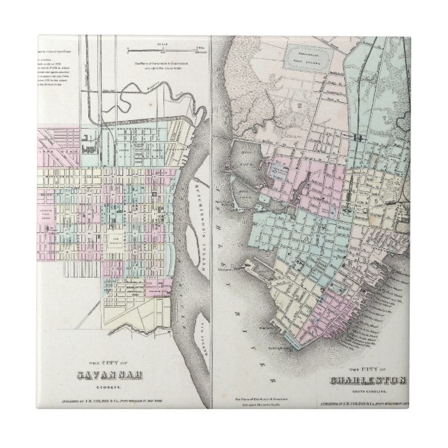 Vintagen Karta i Savannah och Charleston (1855) Kakelplatta (Framsidan)