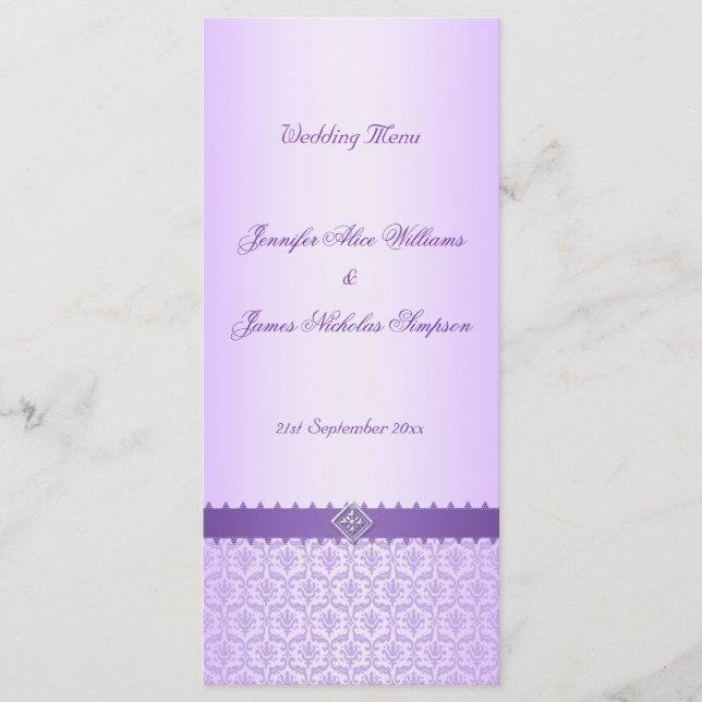 Vintagen Lilac Damask för bröllop-menymall Meny (Framsida)