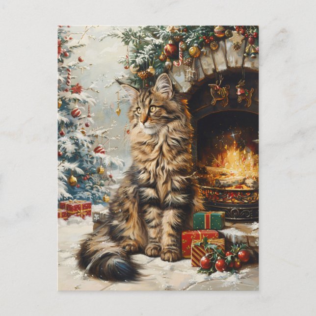 Vintagen Maine Coon Cat jul Vykort (Framsida)