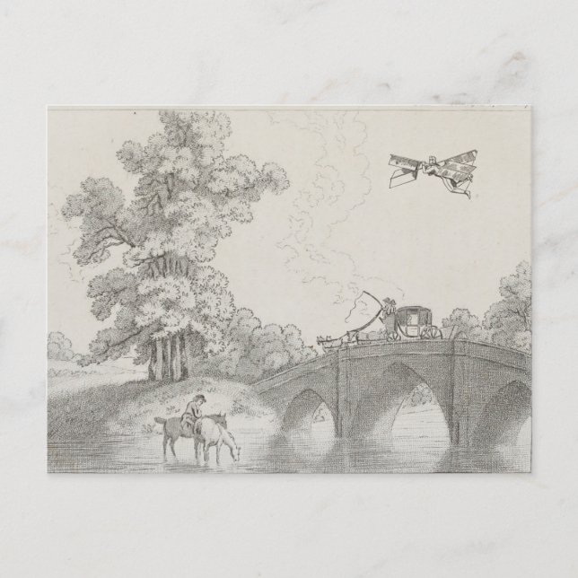 Vintagen Manned Flies Maskin Art Teckning Vykort (Framsida)