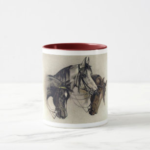 Vintagen med tre Hand plockade-hästhuvuden Mugg