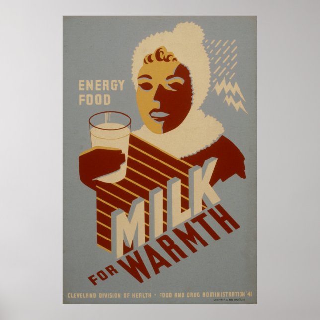 Vintagen Mjölk for Warmth Energy 1941 WPA Poster (Framsidan)