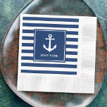 Vintagen Namn Nautical Anchor Blue Rand Pappersservett<br><div class="desc">Anpassat namn för båtar eller Namn med Vintage Nautical Anchor och Blå stripe Party Cocktail Napkins.</div>