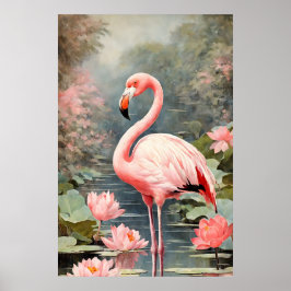 Vintagen Nature Lotus Pond Rosa Flamingo Poster