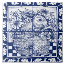 Vintagen Navy Blue White Bunny Rabbit Dedham Delft Kakelplatta