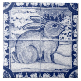 Vintagen Navy Blue White Snö Bunny Dedham Delft Kakelplatta