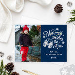 Vintagen  Navy Julfoto, varmaste Önskemål Julkort<br><div class="desc">Vintage stil julkort med fotopatset hälsning har en vit manustextdesign med "varmaste önskemål i Julafton",  med ett par mysiga vinter-vinter och mönster av stjärnor och snöflingor.  Anpassa med foto och anpassningsbar.  Midnight/navy blue,  white och light grått färg.</div>