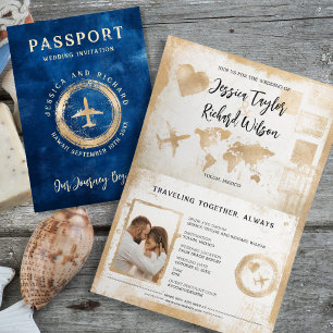 Vintagen Passport Bröllop Navy Blue Guld Inbjudan