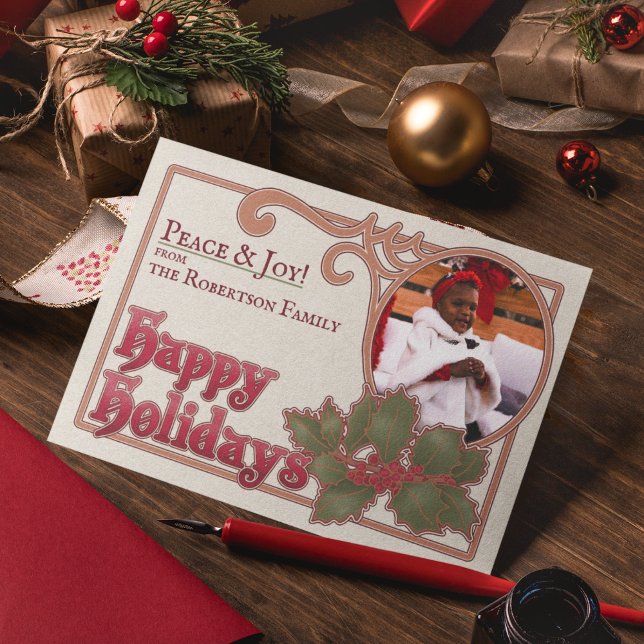 Vintagen Photo jul Glad helg Julkort (Happy Holidays Vintage Style Christmas Photo Card - Front)