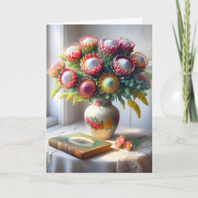 Vintagen Pincushion Protea Bouquet Kort (Framsida)