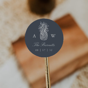 Vintagen Pineapple Bröllop Monogram Runt Klistermärke