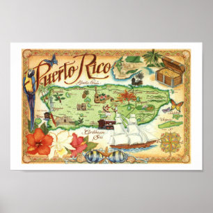 Vintagen Puerto Rico Karta Colorful Skriv ut Poster