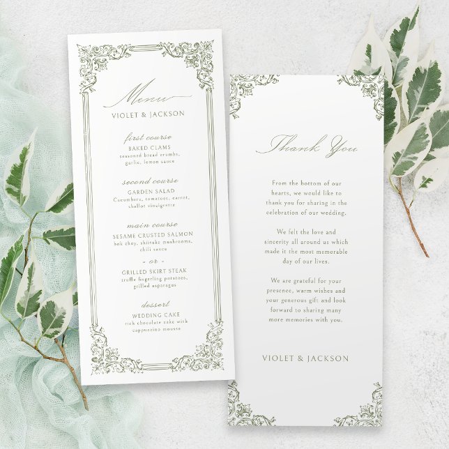 Vintagen Ram Elegant Grönt  Bröllop Meny (Sage Green Vintage Frame Elegant Script Wedding Menu)